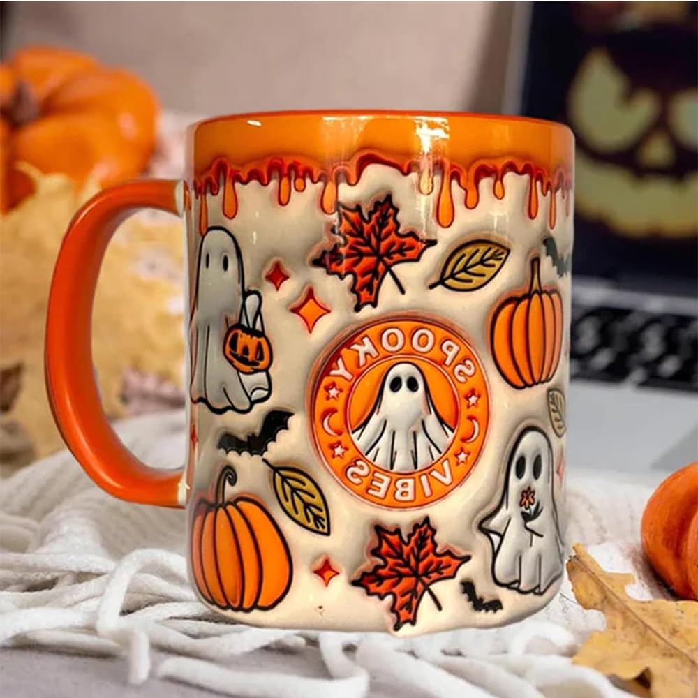 dierjueyers Pumpkin Coffee Cup With Ghost, Halloween Coffee Mug, Halloween Ceramic Coffee Mug, Trick Or Treat Halloween Tumbler Cup, Perfect And Best Gifts For Coffee Lover (Orange*1) (Orange, 24X20)