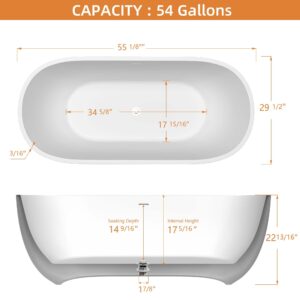 KUIKUI Classic Oval Shape Soaking Bathtub, 55" Acrylic Free Standing Bathtub withe Freestanding, Integrated Slotted Overflow,Pop-up Drain, Anti-clogging Black