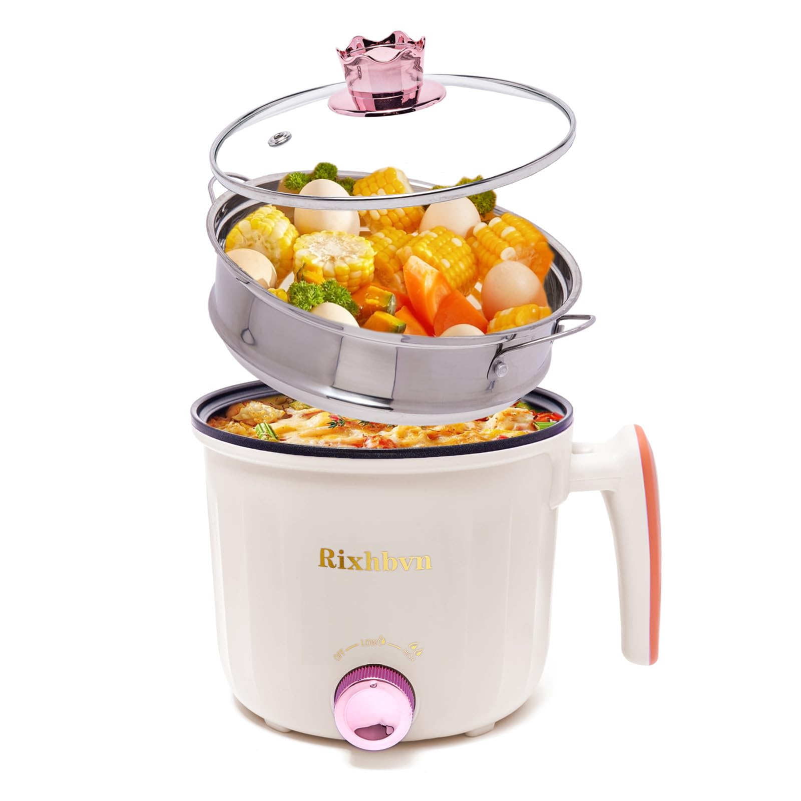 Rixhbvn Hot Pot Electric with Steamer, Rapid Noodles Cooker,Non-Stick Electric Pot for Raman, Soup, Noodles, Steak, Oatmeal, Rapid, with Temperature control, (Rotary switch), 1.8L,Beige