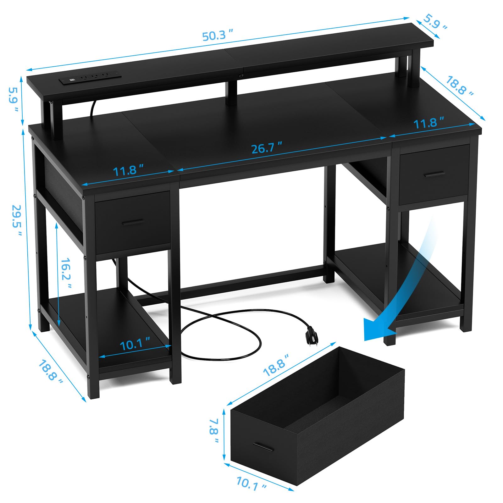 GreenForest Computer Desk 50 Inch with Monitor Stand and LED Lights, Gaming Desk with 2 Fabric Drawers and Power Outlets, Office Desk with Shelves, Black