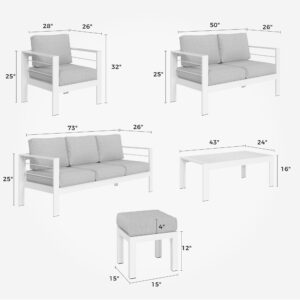 Solaste Aluminum Patio Furniture Set,4 Piece Metal Outdoor Furniture with 5 Inch Water-Resistant Cushions and Coffee Table for Balcony,Front Porch,and Backyard,White