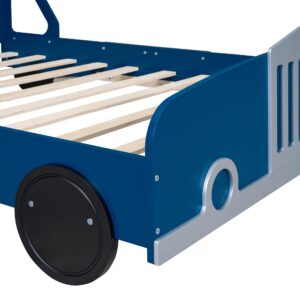 SOFTSEA Full Car Shaped Platform Bed, Wood Car Platform Bed Frame with Wheels and Guardrails, Floor Car Shaped Bed for Kids Boys, No Box Spring Needed, Blue