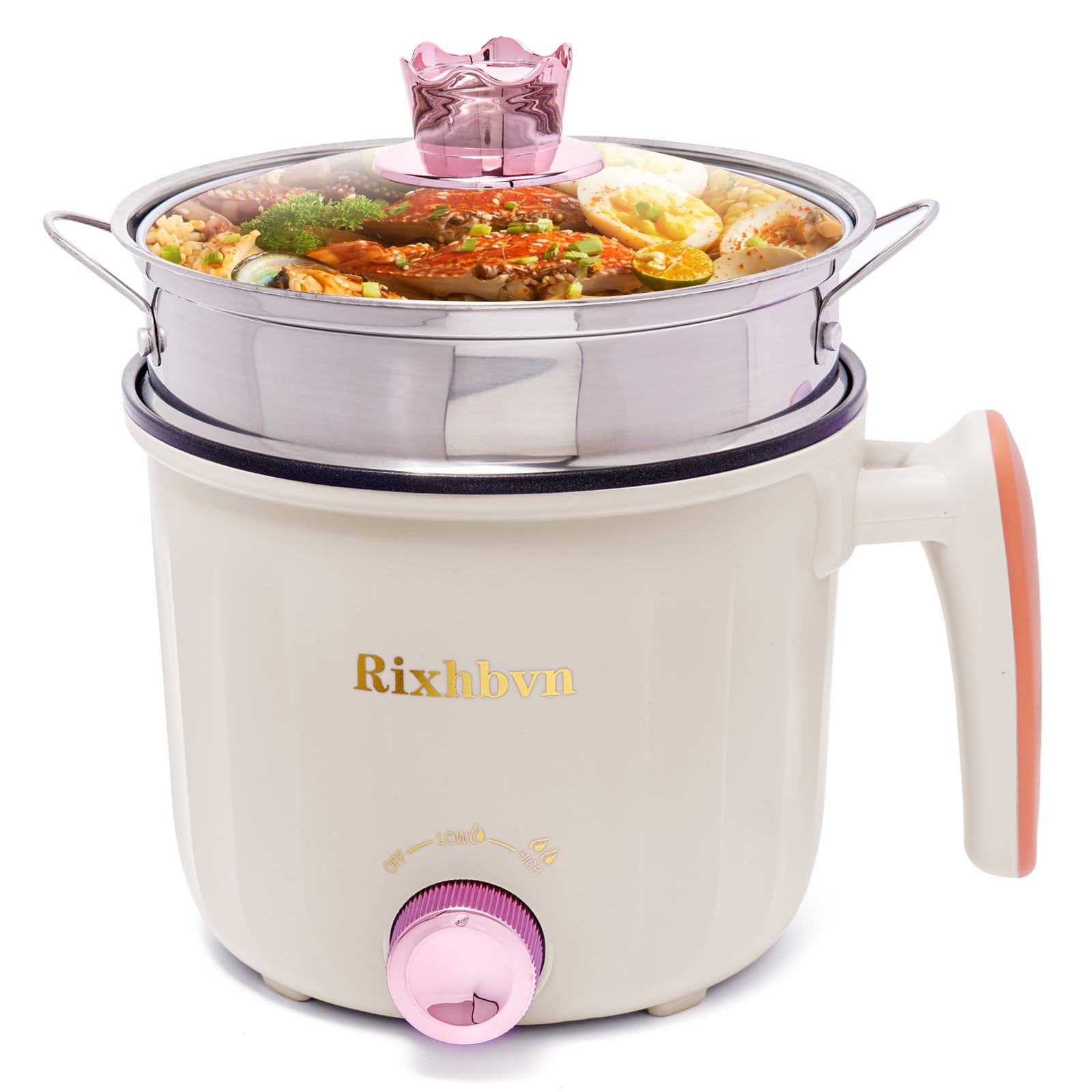 Rixhbvn Hot Pot Electric with Steamer, Rapid Noodles Cooker,Non-Stick Electric Pot for Raman, Soup, Noodles, Steak, Oatmeal, Rapid, with Temperature control, (Rotary switch), 1.8L,Beige