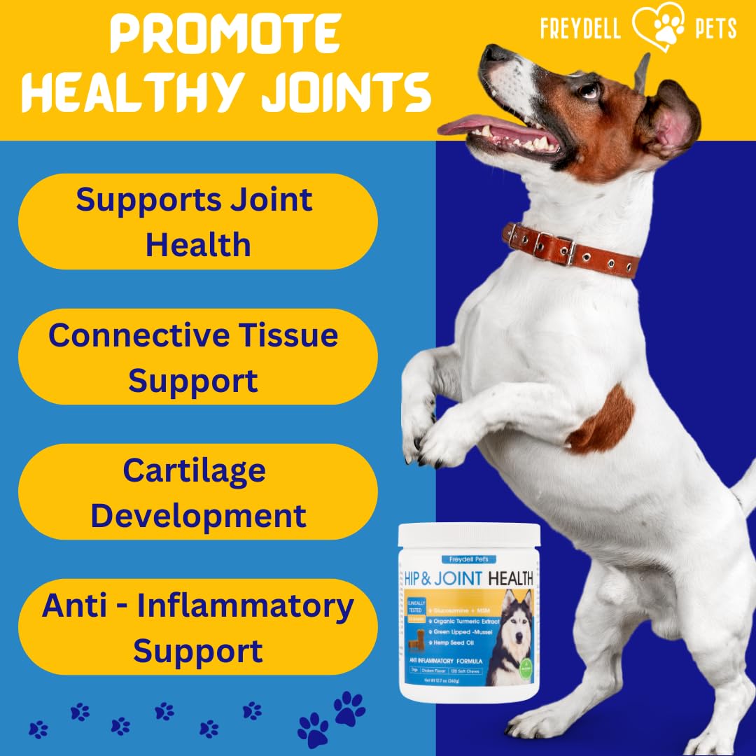 Freydell Pet's Dog Hip and Joint Chews for Large Breeds - Glucosamine, Hemp Seed Oil, Organic Turmeric Extract & Chondroitin Chews - Dog Joint Supplements & Vitamin C for Dogs - Extended Joint Care