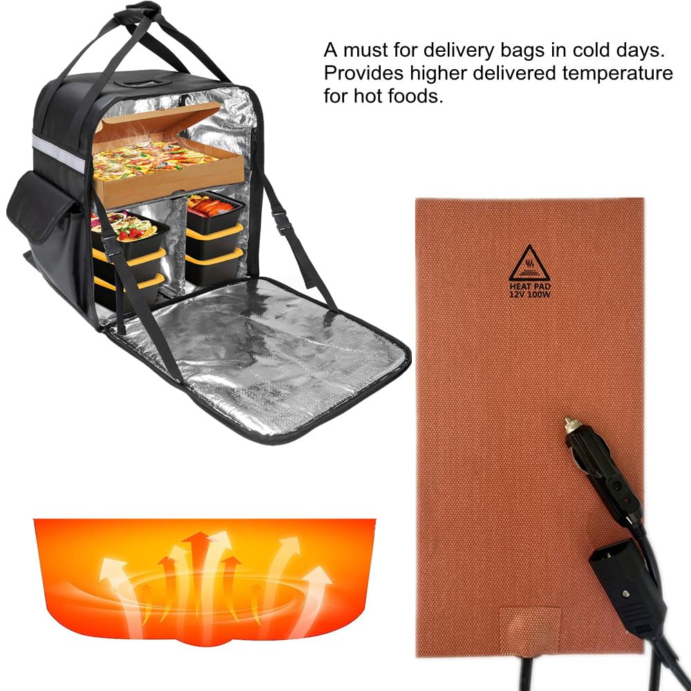 RICHOOSE Pizza Hot Food Delivery Bag Heating Warmer Pad Silicone Heater Pad 12V 100W, Built-in Thermostat 176℉ (80℃), 78.2-inch detachable power cable, car charger, ON/Off switch.