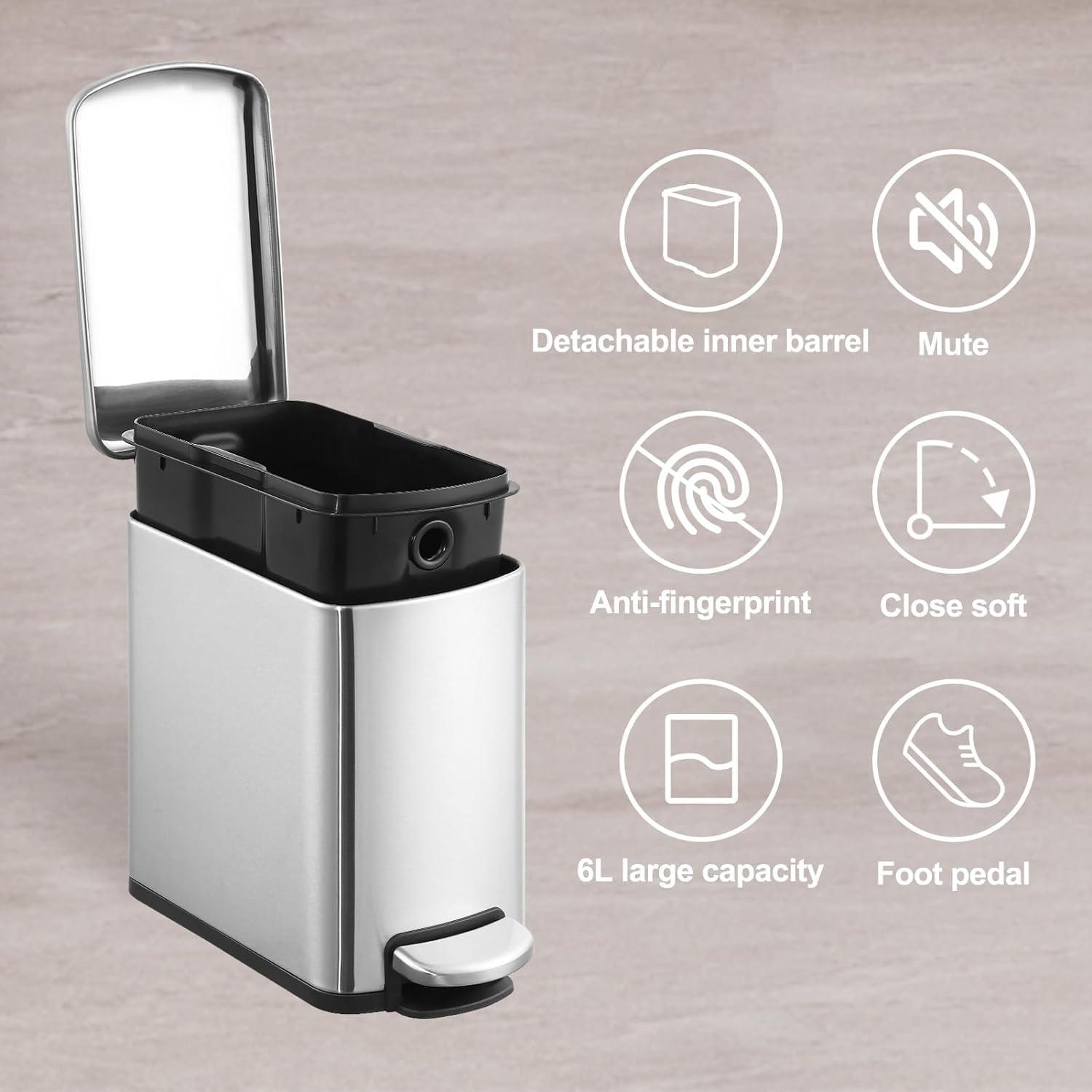 GAOMON 6L Pedal Trash Bin, Stainless Steel Waste Bin with Lid and Inner Bin, Pedal Waste Bin with Automatic Lowering and Soft Closing, Recycling Bin for Kitchen, Bathroom or Office