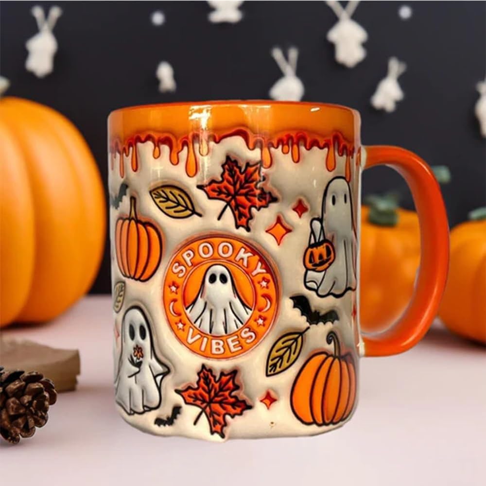 dierjueyers Pumpkin Coffee Cup With Ghost, Halloween Coffee Mug, Halloween Ceramic Coffee Mug, Trick Or Treat Halloween Tumbler Cup, Perfect And Best Gifts For Coffee Lover (Orange*1) (Orange, 24X20)