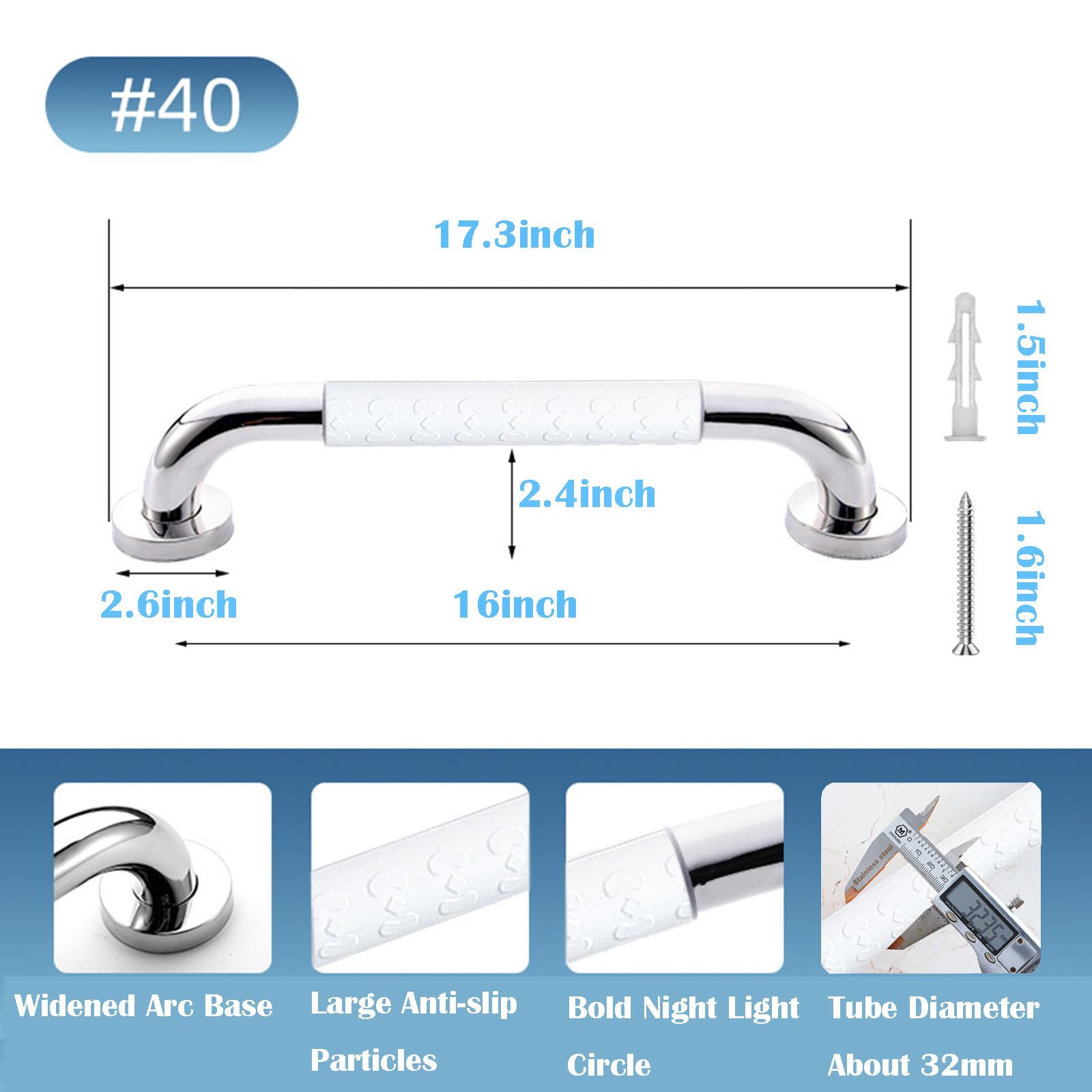 Shower Handle 16 inch, WIENOLOA Grab Bars for Bathtubs and Showers, Anti-Slip Safety Bathroom Grip, Balance Assist for Handicap Elderly Seniors Pregnant Children Stainless Steel Hand Rail Armrest