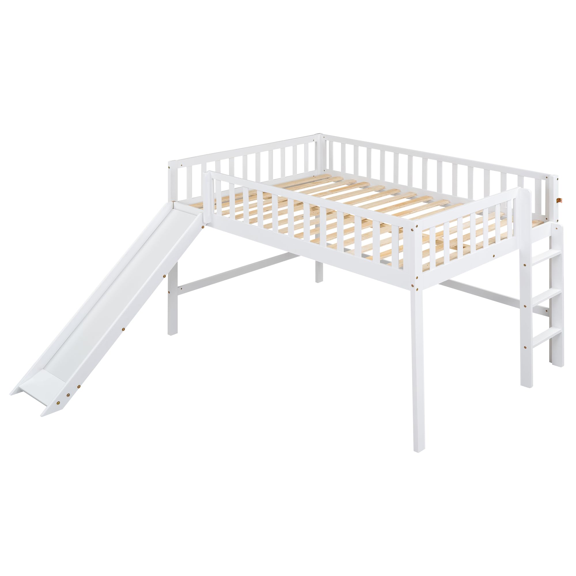 Full Size Low Loft Bed with Slide Wood Junior Loft Beds Frame with Ladder and Guardrails for Kids Boys Girls, White