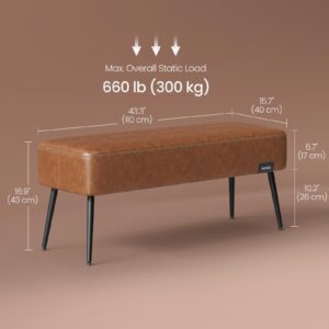 VASAGLE EKHO Collection - Bench for Entryway Bedroom, Synthetic Leather with Stitching, Ottoman Bench with Steel Legs, Living Dining Room, Mid-Century Modern, Loads 660 lb, Caramel Brown ULOM076K01