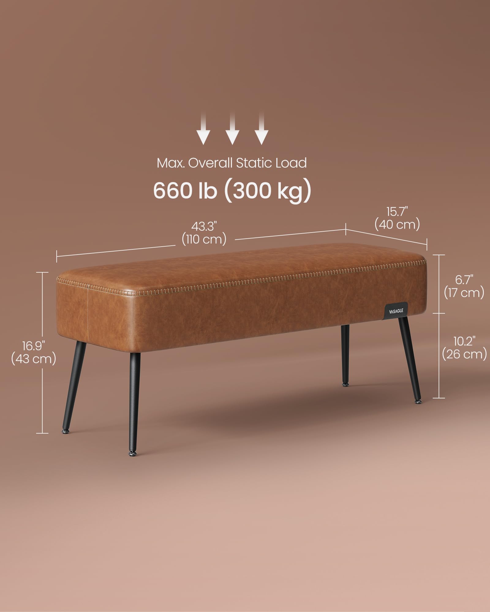 VASAGLE EKHO Collection - Bench for Entryway Bedroom, Synthetic Leather with Stitching, Ottoman Bench with Steel Legs, Living Dining Room, Mid-Century Modern, Loads 660 lb, Caramel Brown ULOM076K01