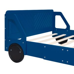 SOFTSEA Full Car Shaped Platform Bed, Wood Car Platform Bed Frame with Wheels and Guardrails, Floor Car Shaped Bed for Kids Boys, No Box Spring Needed, Blue