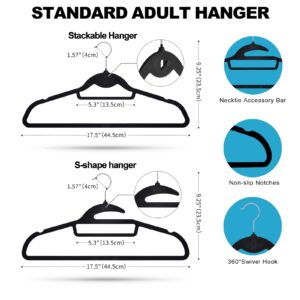 NEATSENSE Black Velvet Hangers 50Pack Suit Hangers S Slide Clothes Hangers Stackable Necktie Bar Hangers Set, Space Saving Standard Size Non-Slip Heavy Duty Coat Hanger 360 Degree Rotate