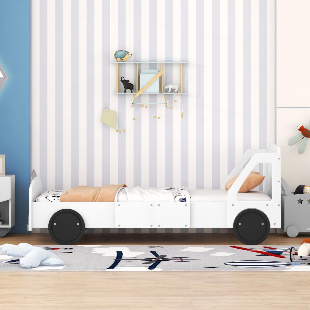 Yuxuanhang Twin Size Modern Car-Shaped Platform Bed, Unique Styled Children's Bed with Wheels and Rails on Both Sides Beside The Headboard for Children's Room Bedroom, White