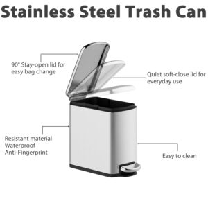 GAOMON 6L Pedal Trash Bin, Stainless Steel Waste Bin with Lid and Inner Bin, Pedal Waste Bin with Automatic Lowering and Soft Closing, Recycling Bin for Kitchen, Bathroom or Office