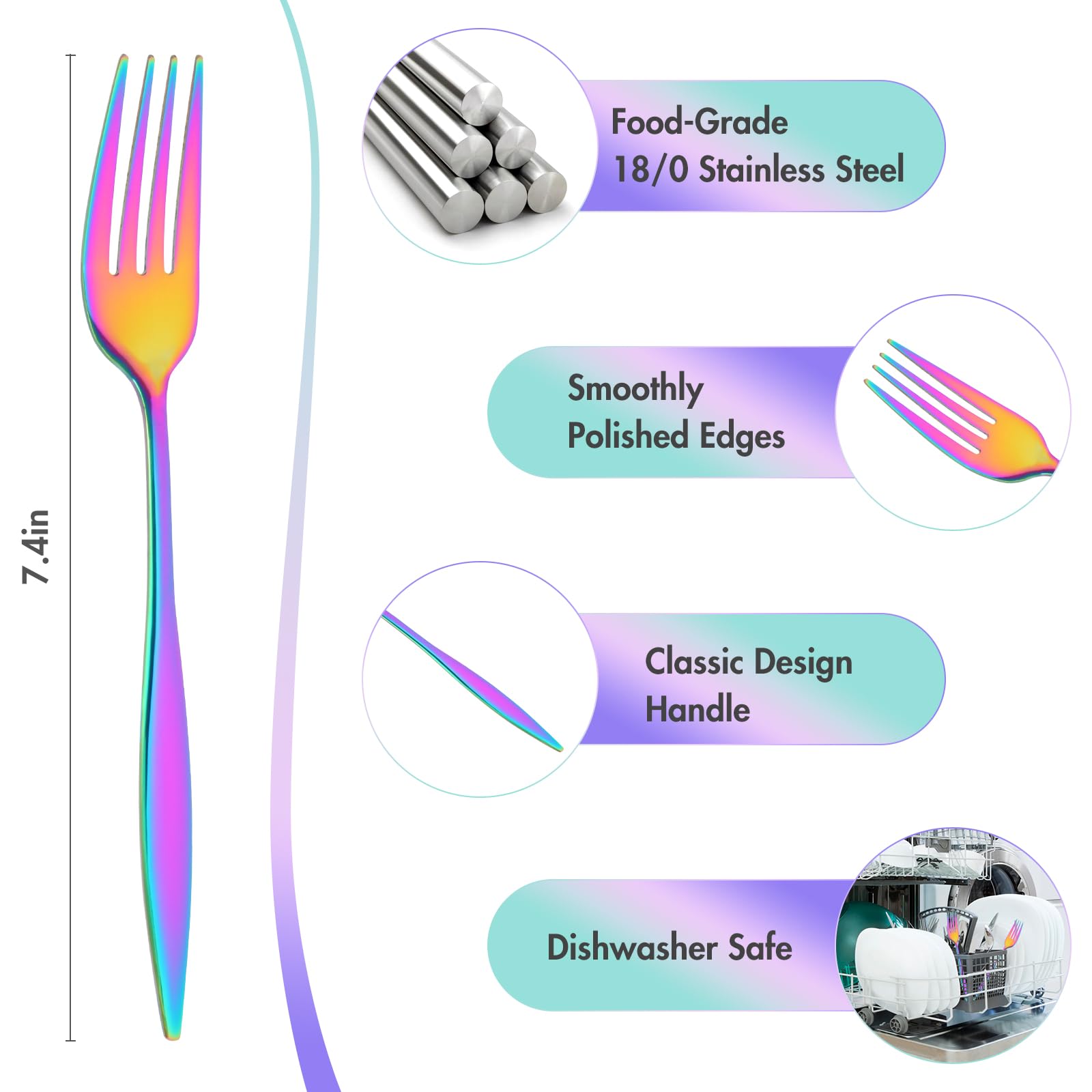 Rainbow Dinner Forks,Set of 12 Forks Silverware, Food Grade Fork Stainless Steel Cutlery, Table Forks, Flatware Forks Set, Mirror Polished 7.4 Inch, Use for Home Kitchen Restaurant