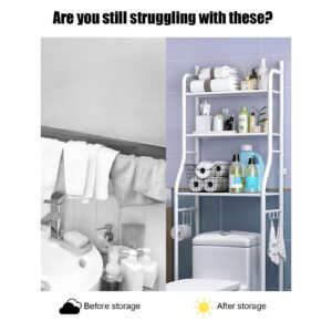 3-Tier Over The Toilet Storage Rack,Multifunctional Bathroom Organizer Over Toilet Shelf, Free Standing Metal Toilet Rack Storage Shelves, Space Saver Bathroom Stand with Toilet Paper Holder and Hoo