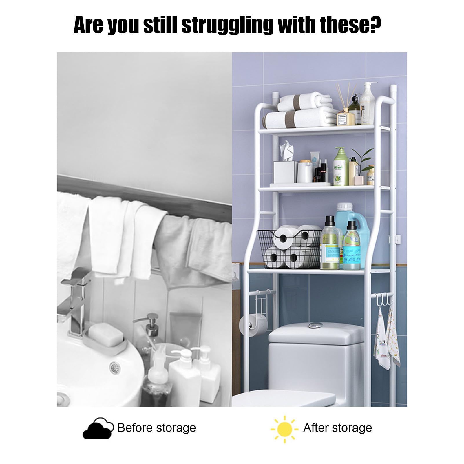 3-Tier Over The Toilet Storage Rack,Multifunctional Bathroom Organizer Over Toilet Shelf, Free Standing Metal Toilet Rack Storage Shelves, Space Saver Bathroom Stand with Toilet Paper Holder and Hoo