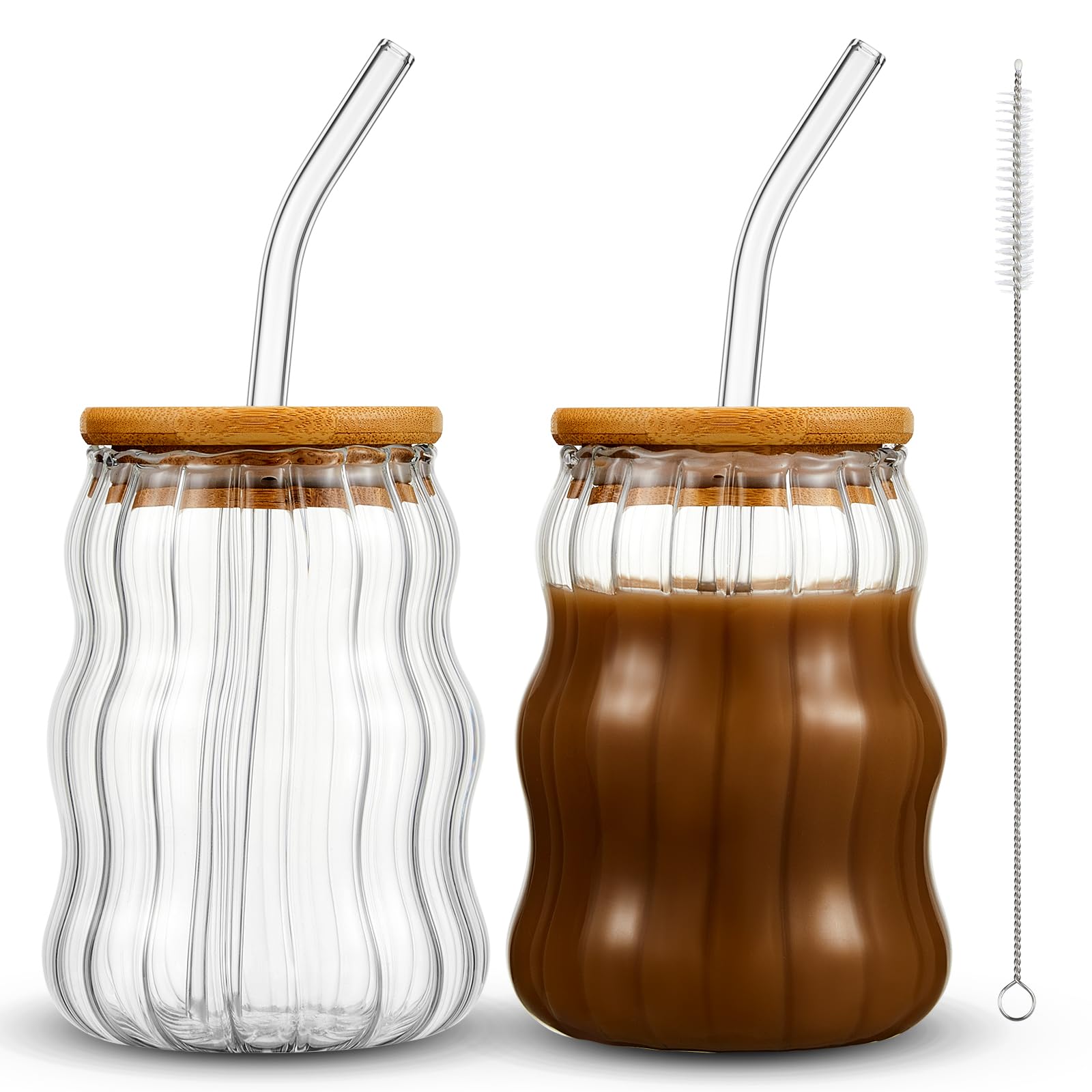 Domensi 2 Pcs 18 oz Creative Glass Cups with Lids and Straws Wave Shape Cute Drinking Cups Ribbed Cups Glass Tumblers Cups Vintage Ripple Glassware for Cocktail Juice Iced Coffee Tea Soda Milk