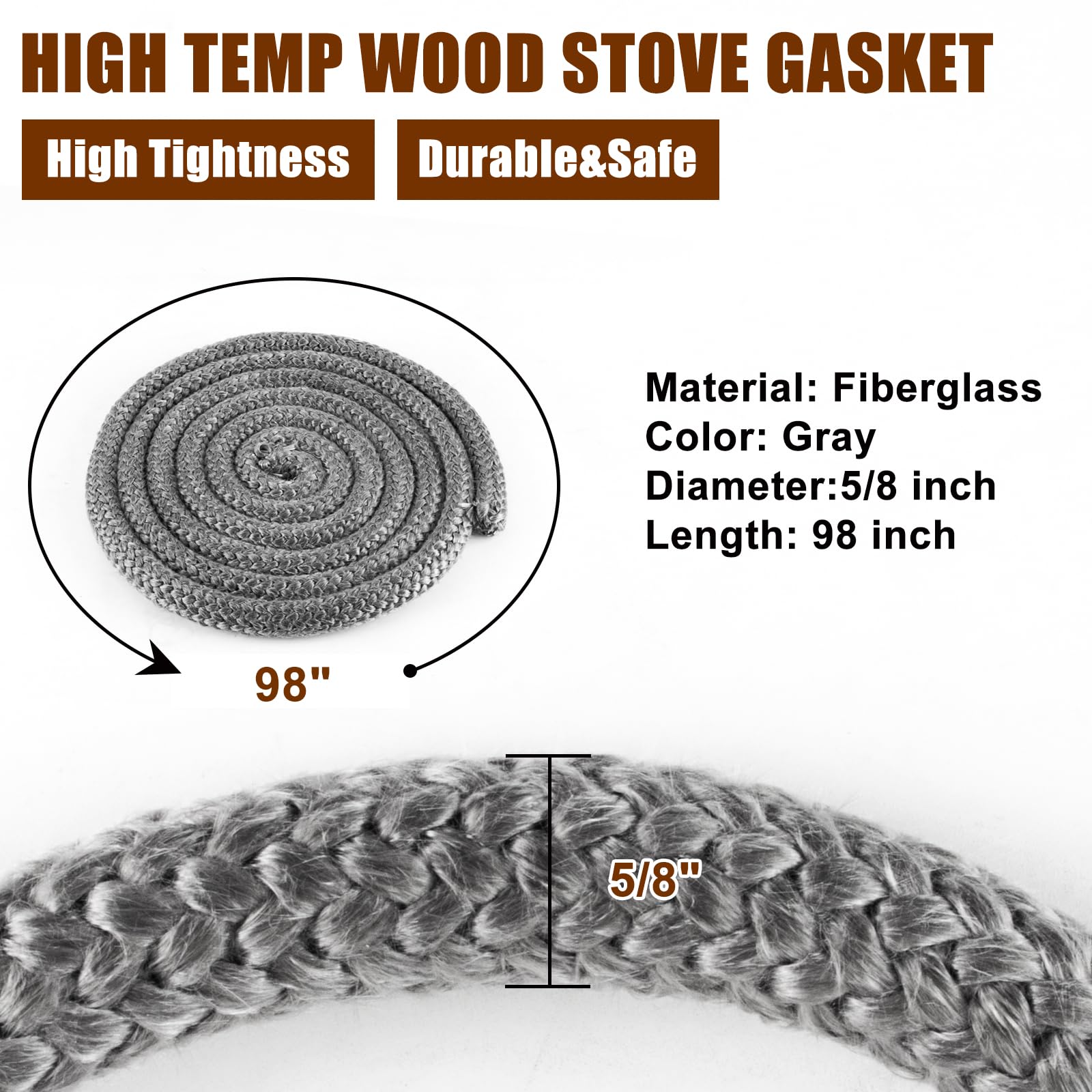 Wood Stove Door Gasket, 1" Wood Stove Gasket Rope Seal for Woodburning Stoves, Heat Resistance Fiberglass Gasket Replacement for Wood Stoves and Fireplaces(1" x 98" Rope)