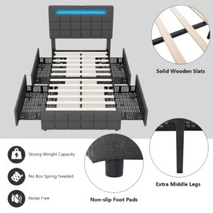 KOMFOTT Twin Bed Frame with Charging Station & LED Lights, Upholstered Platform Bed Frame with Adjustable Headboard & 4 Storage Drawers, Solid Wooden Slats Support, No Box Spring Needed, Noise Free