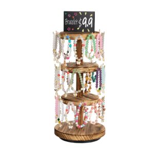 pinzoveco bracelet holder, 3 tier wooden rotating bracelet display stand, tree stand vendor booth display with adversitsing board, 36 hooks for bracelet, keychain display stands for selling, brown (patent pending)