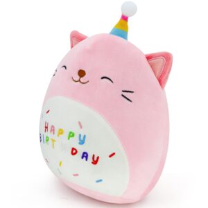 FAFVBING 9 inch Birthday Plush Pillow, Soft Plush Toy, Cute Pink Stuffed Animal, Home Room Decoration, Birthday Gift for Kids Toddlers (Cat Cap)