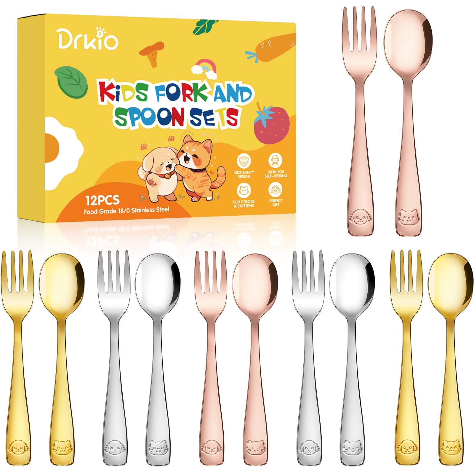 DRKIO Stainless Steel Toddler Utensils Set - 12 Pieces Kids Silverware Set Children Safe Food Grade Small Forks and Spoons Dishwasher Safe Mirror Polished