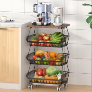 chloryard fruit basket with wooden lid for kitchen, 4-tier stackable wire fruit vegetable storage basket organizer stand on wheel, produce basket potato onion storage bins rack cart for pantry