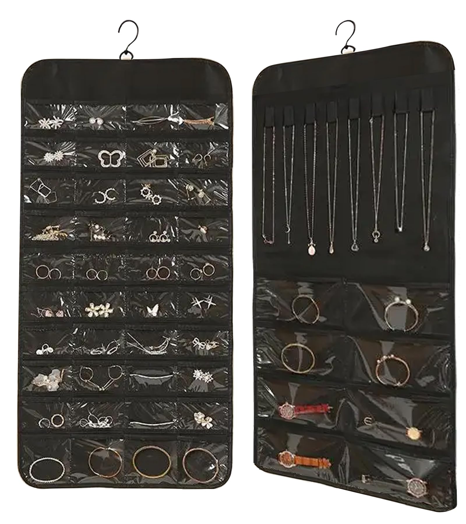 ONEPEACE Hanging Jewelry Organizer: Necklace & Earring Holder with Pockets for Closet, Wall or Door (Black)