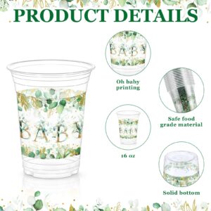 Jinei 60 Pcs Eucalyptus Baby Shower Supplies 16 oz Baby Shower Plastic Cups Bulk Sage Green Baby Shower Disposable Cups for Baby Shower Birthday Party Favors Gender Reveal Decoration