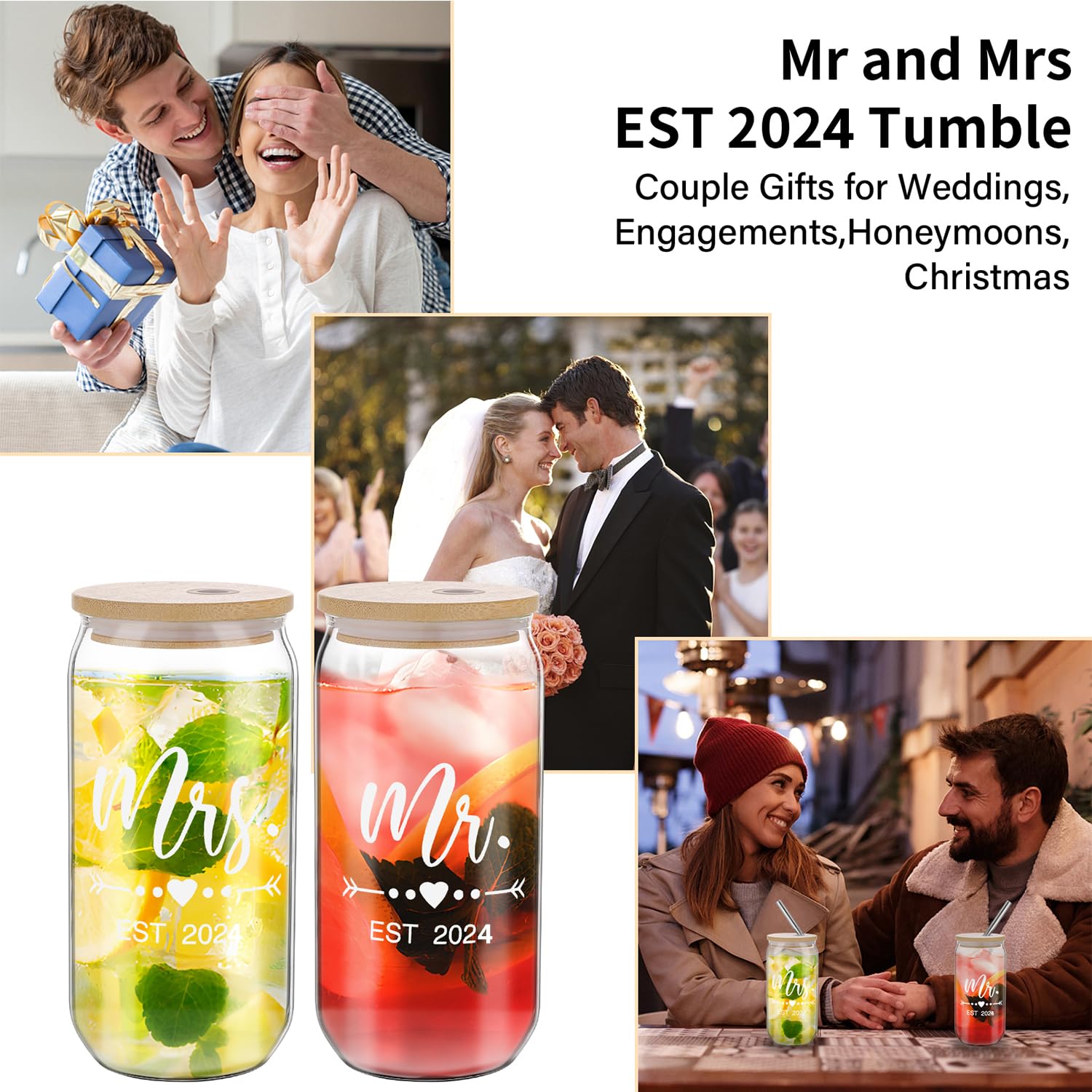 fcaylo Iced Coffee Cups-Mr and Mrs Gifts Wedding Gifts for Couples 2024 Bridal Shower Gifts Glass Tumbler Set With Straw Newlyweds Bride To Be Christmas Gifts for Couples