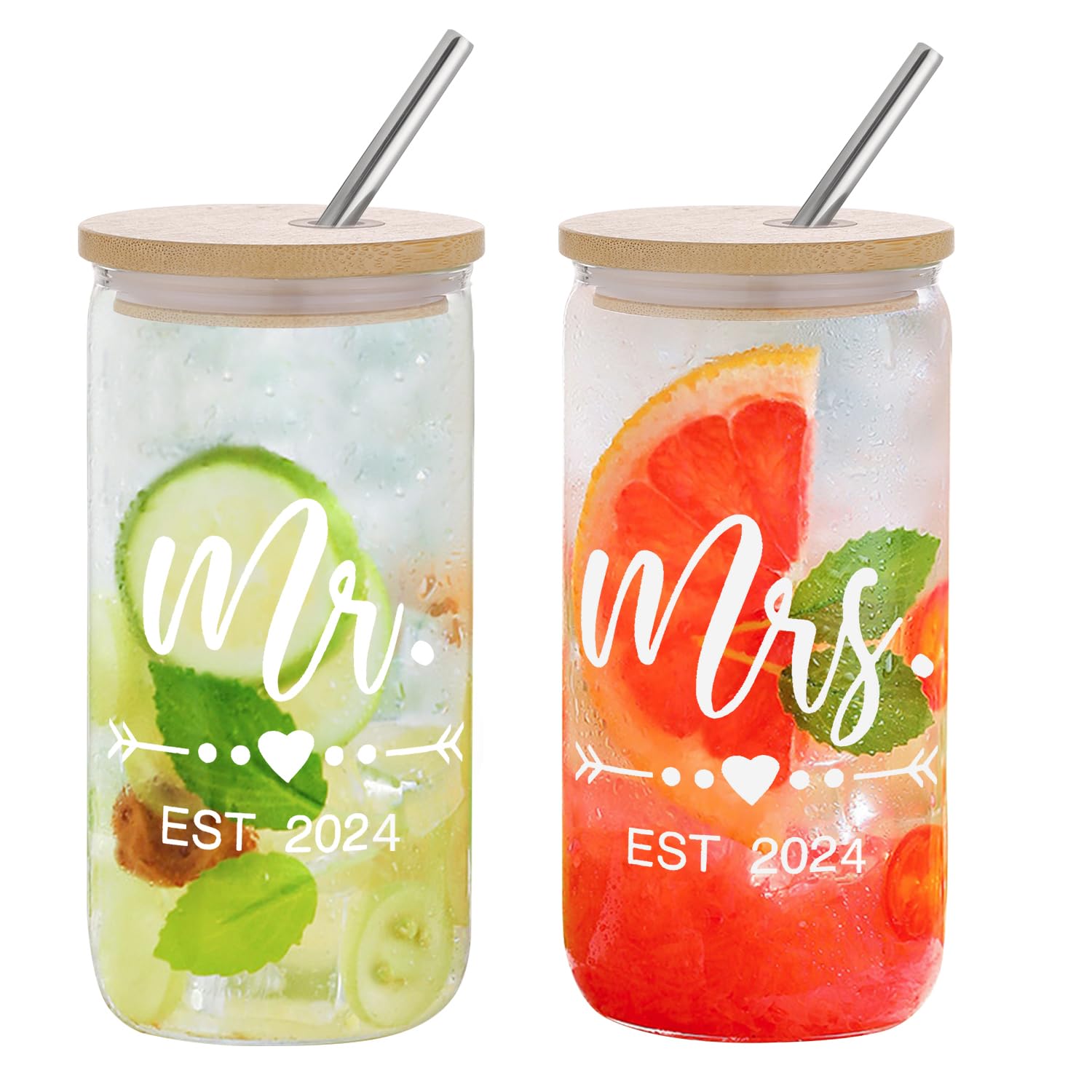 fcaylo Iced Coffee Cups-Mr and Mrs Gifts Wedding Gifts for Couples 2024 Bridal Shower Gifts Glass Tumbler Set With Straw Newlyweds Bride To Be Christmas Gifts for Couples