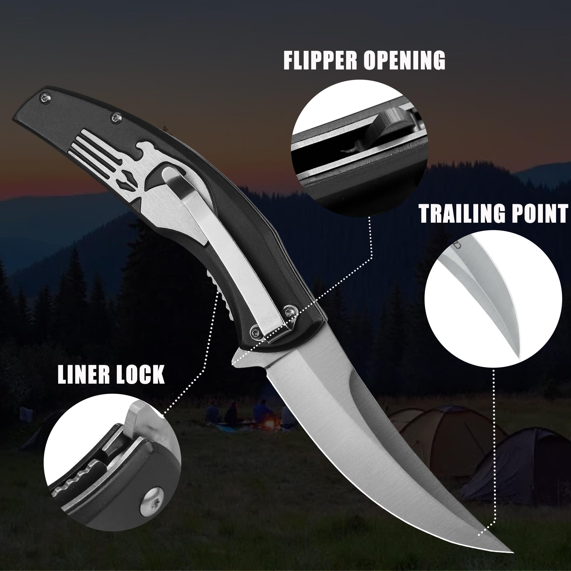 Pocket Knife 3.74", 440C High Carbon Stainless Steel Blade, Stainless Steel Handle, with Deep Carry Pocket Clip, Outdoor EDC Knife for Camping, Hiking, Fishing, Black Coated