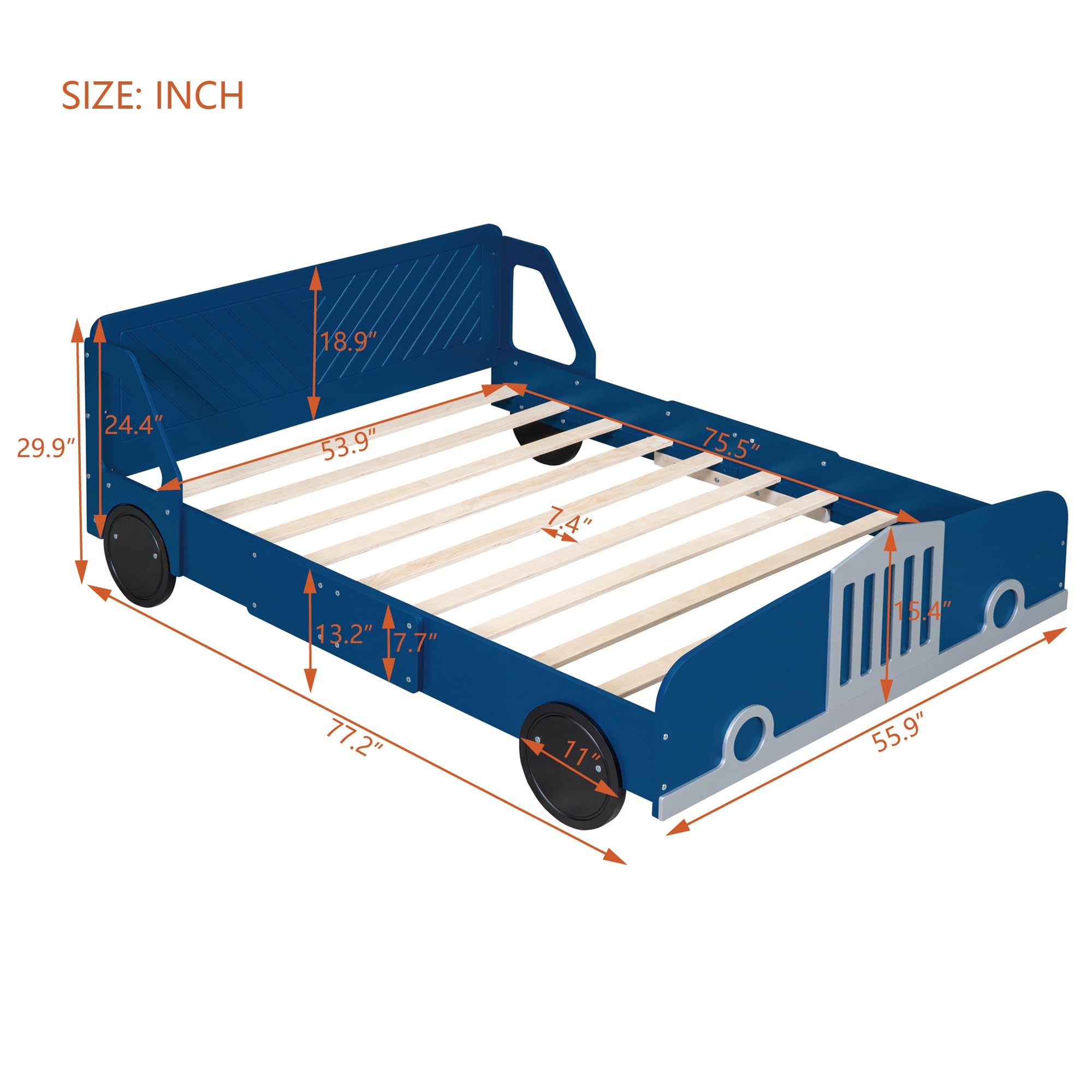 SOFTSEA Full Car Shaped Platform Bed, Wood Car Platform Bed Frame with Wheels and Guardrails, Floor Car Shaped Bed for Kids Boys, No Box Spring Needed, Blue