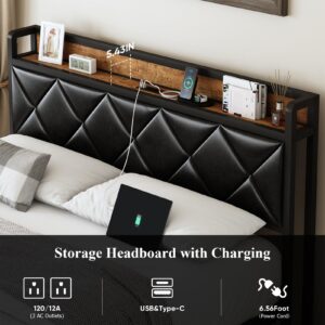 WELTOKE Full Size Bed Frame with Storage Headboard and Drawers, Black Upholstered Leather Bed with 2 Socket Charging Station, No Box Spring Needed