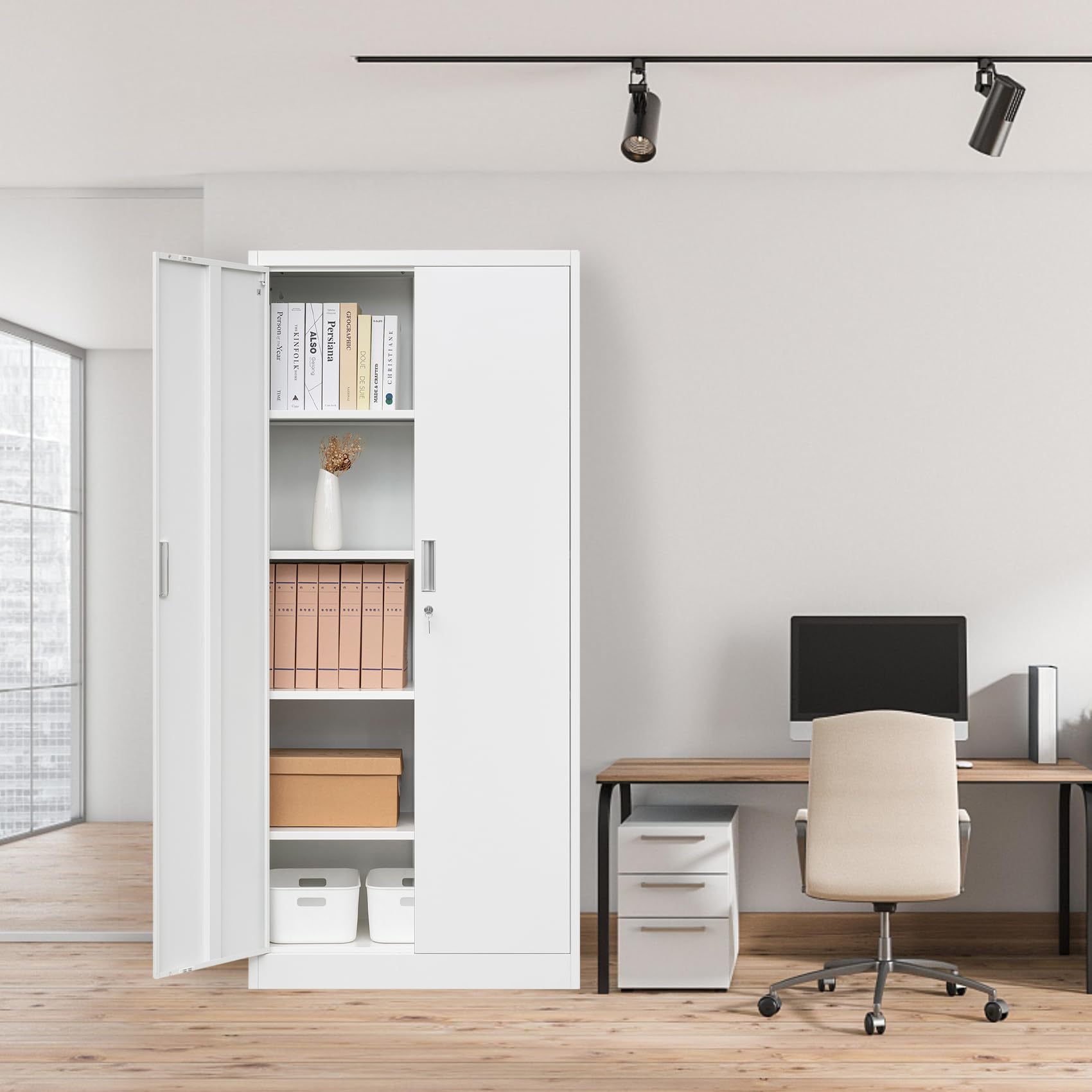 BESFUR Metal Storage Cabinet, 72" - White Garage Metal Cabinet, Adjustable Shelves and Locking Doors for Office, School, Garage