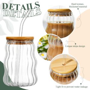 Domensi 2 Pcs 18 oz Creative Glass Cups with Lids and Straws Wave Shape Cute Drinking Cups Ribbed Cups Glass Tumblers Cups Vintage Ripple Glassware for Cocktail Juice Iced Coffee Tea Soda Milk