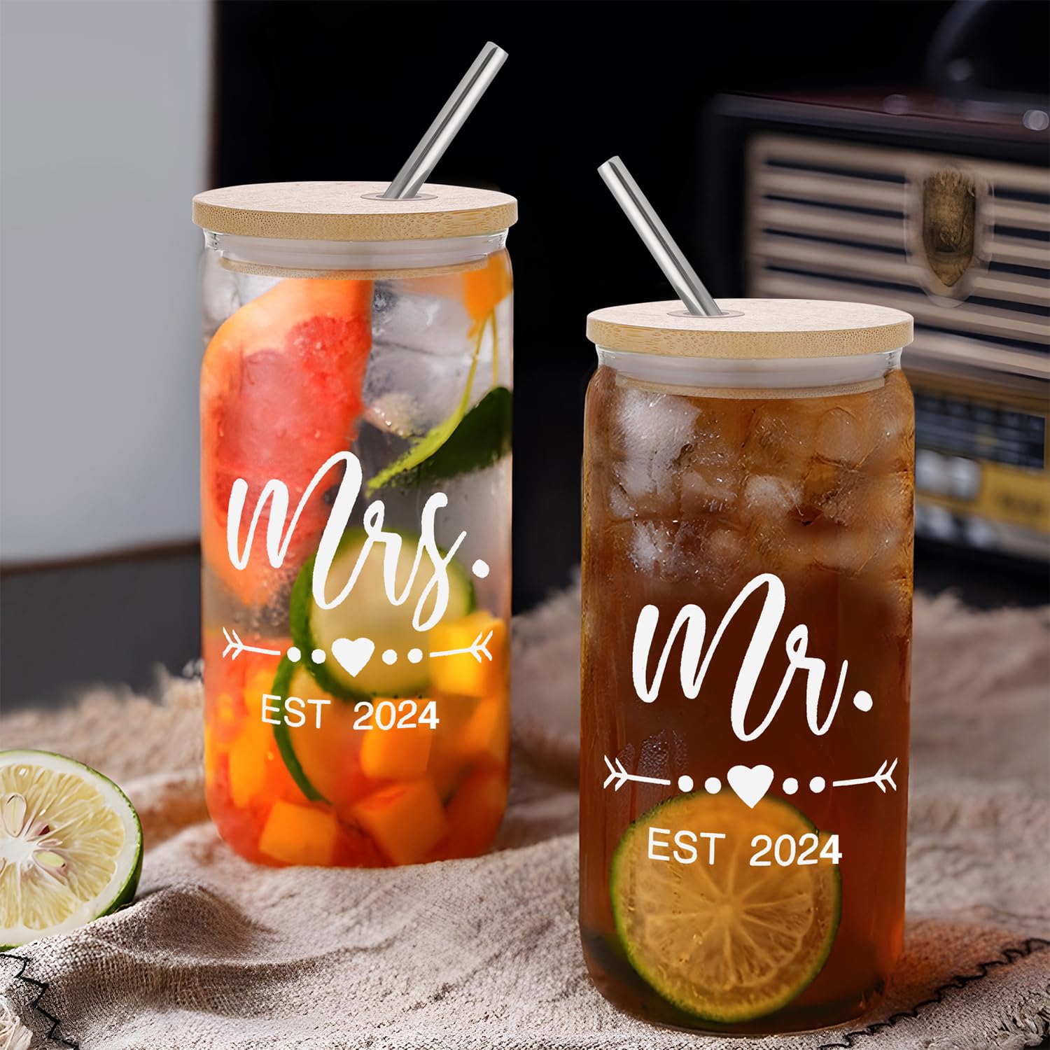 fcaylo Iced Coffee Cups-Mr and Mrs Gifts Wedding Gifts for Couples 2024 Bridal Shower Gifts Glass Tumbler Set With Straw Newlyweds Bride To Be Christmas Gifts for Couples