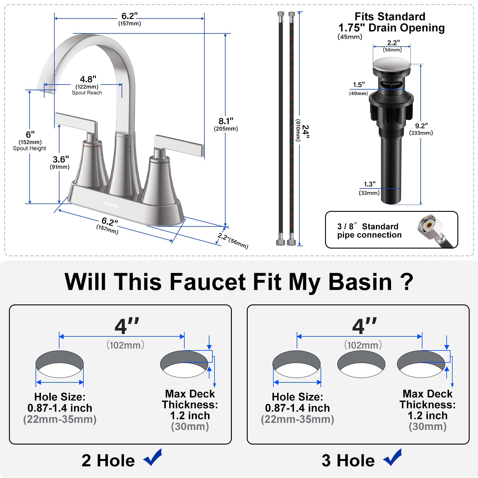 Bathroom Sink Faucet, Hurran 4 inch Brushed Nickel Bathroom Faucets for Sink 3 Hole with Pop-up Drain and Supply Lines, Stainless Steel 360 Swivel Waterfall Faucet for Bathroom Sink Vanity RV Restroom