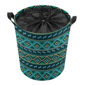 Large Laundry Basket, Teal Green Native American Tribal Ethnic Western Horse Collapsible Drawstring Laundry Hamper, Waterproof Storage Baskets with Handles for Household Bedroom, Bathroom, Dorm