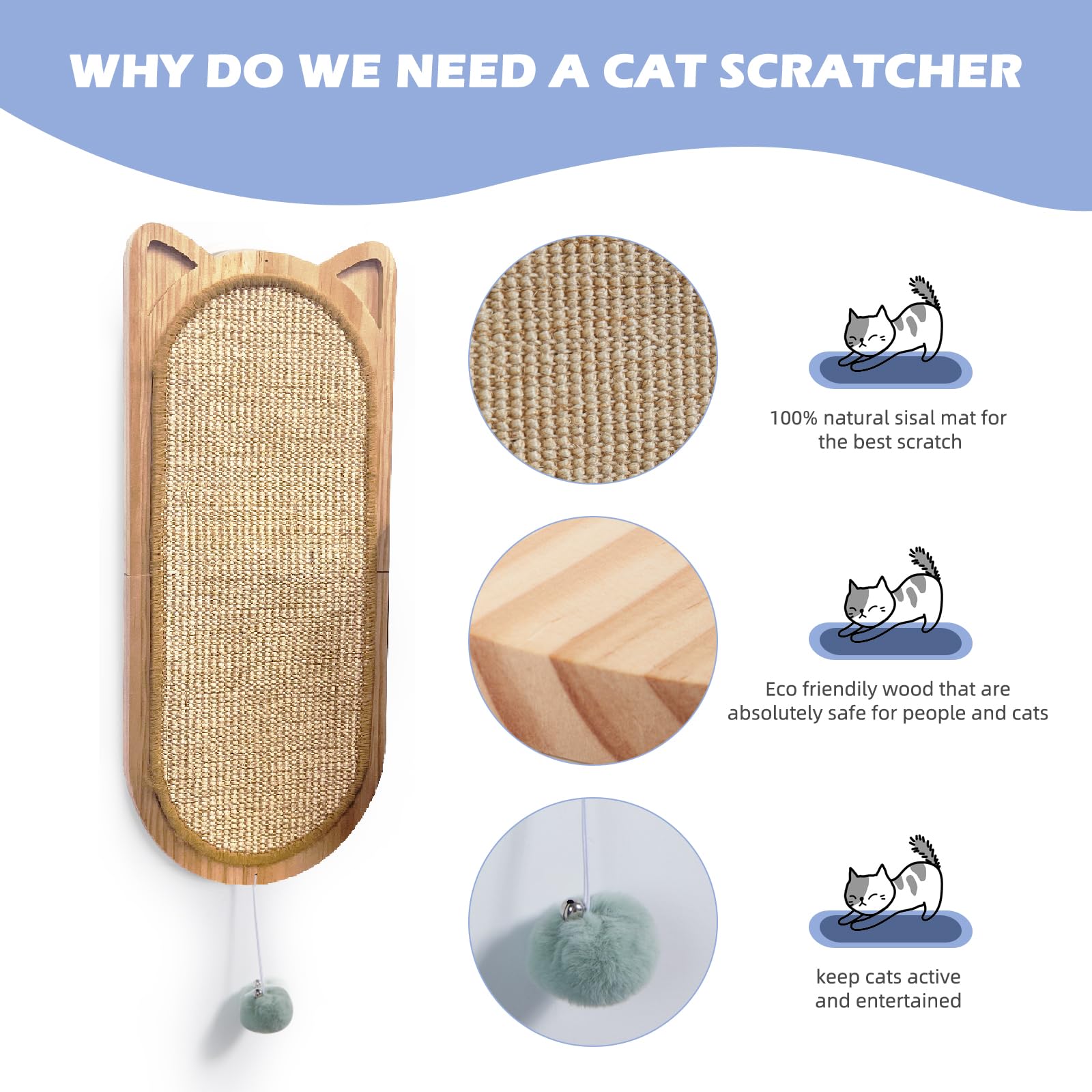 Cat Wall Scratching Post, Sisal Cat Wall Scratcher with Cat Ball Toy, Folding Wall Mount Cat Scratcher, Wood Cat Scratching Board for Couch Protector, Cat Wall Furniture for Cats