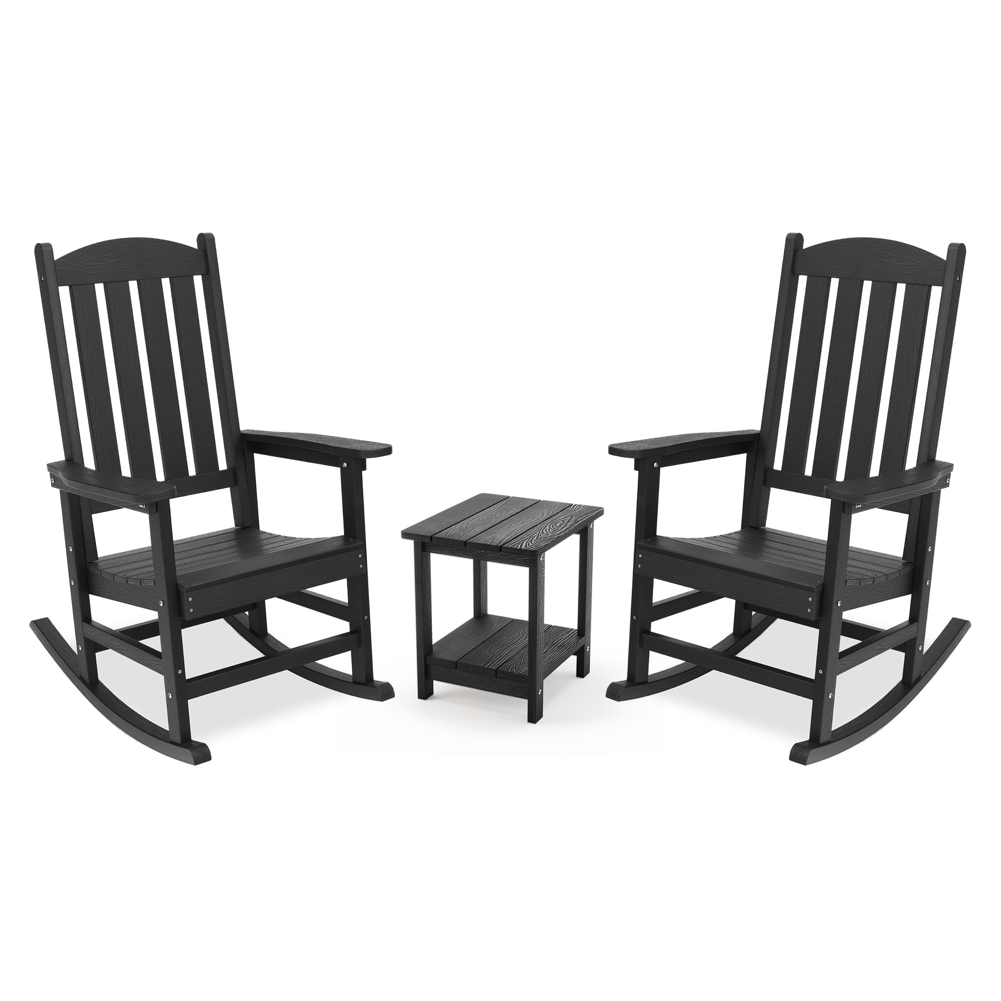 LUE BONA Outdoor Rocking Chairs Set of 3, 2 Chairs & 1 Table HDPS Poly Rocking Chair, All Weather Resistant, Heavy Duty Rocking Chair for Patio, Lawn, Garden, 300LBS, Black