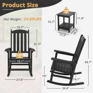 LUE BONA Outdoor Rocking Chairs Set of 3, 2 Chairs & 1 Table HDPS Poly Rocking Chair, All Weather Resistant, Heavy Duty Rocking Chair for Patio, Lawn, Garden, 300LBS, Black