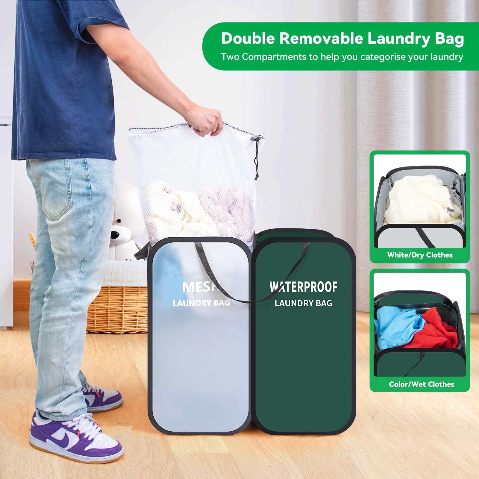 Pop Up Laundry Basket with Waterproof Wash Bag & Removable Mesh Bag, 2 Compartments Collapsible Laundry Hamper, Large Tall Clothes Sorter Storage Organizer for Bedroom Bathroom Home Apartment Travel