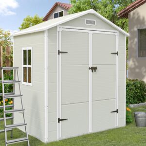 udpatio outdoor storage shed 6x4.5 ft, resin outside sheds & outdoor storage plastic for trash can, bike, lawnmower, generator, tool shed with lockable door for backyard, lawn, patio, sandstone