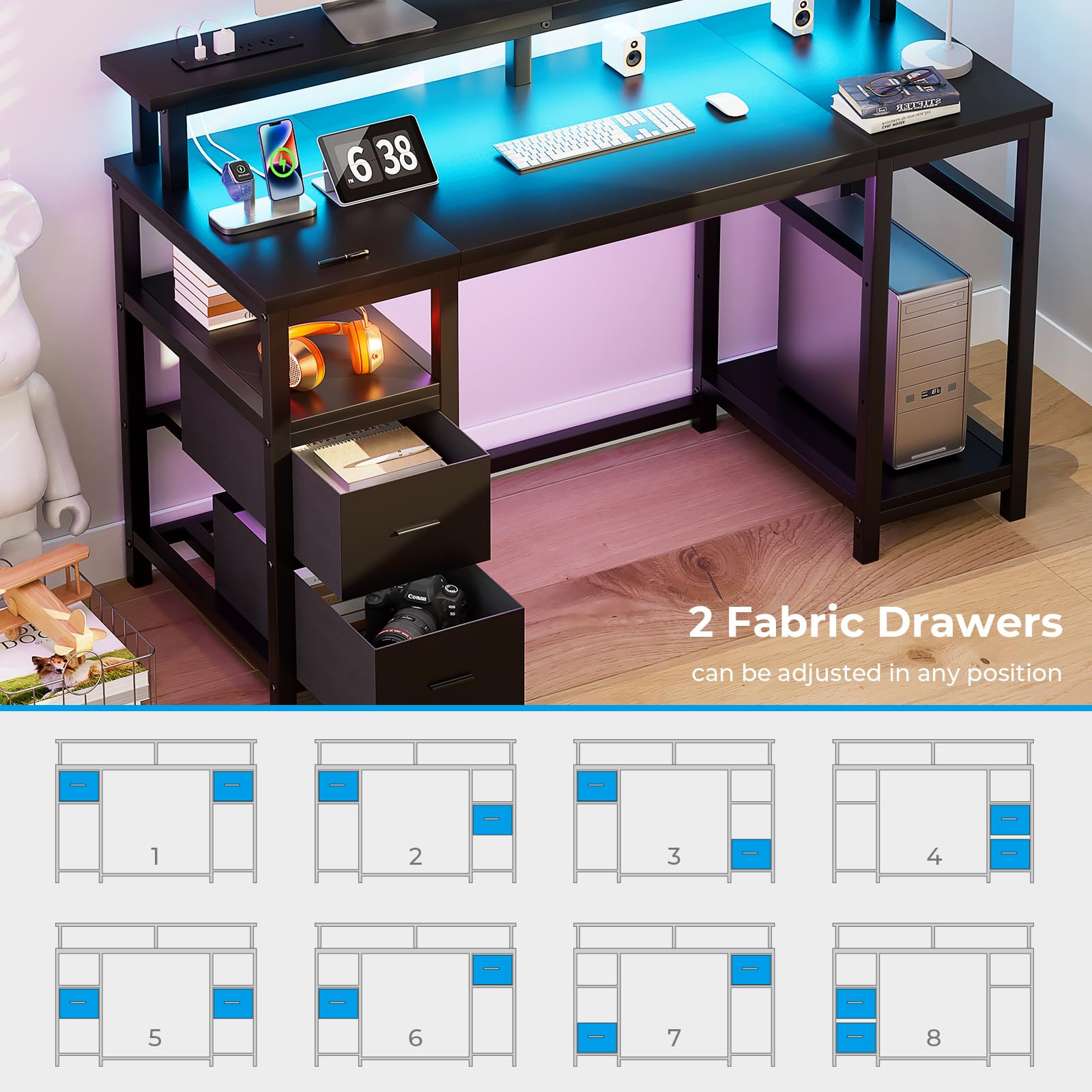 GreenForest Computer Desk 50 Inch with Monitor Stand and LED Lights, Gaming Desk with 2 Fabric Drawers and Power Outlets, Office Desk with Shelves, Black