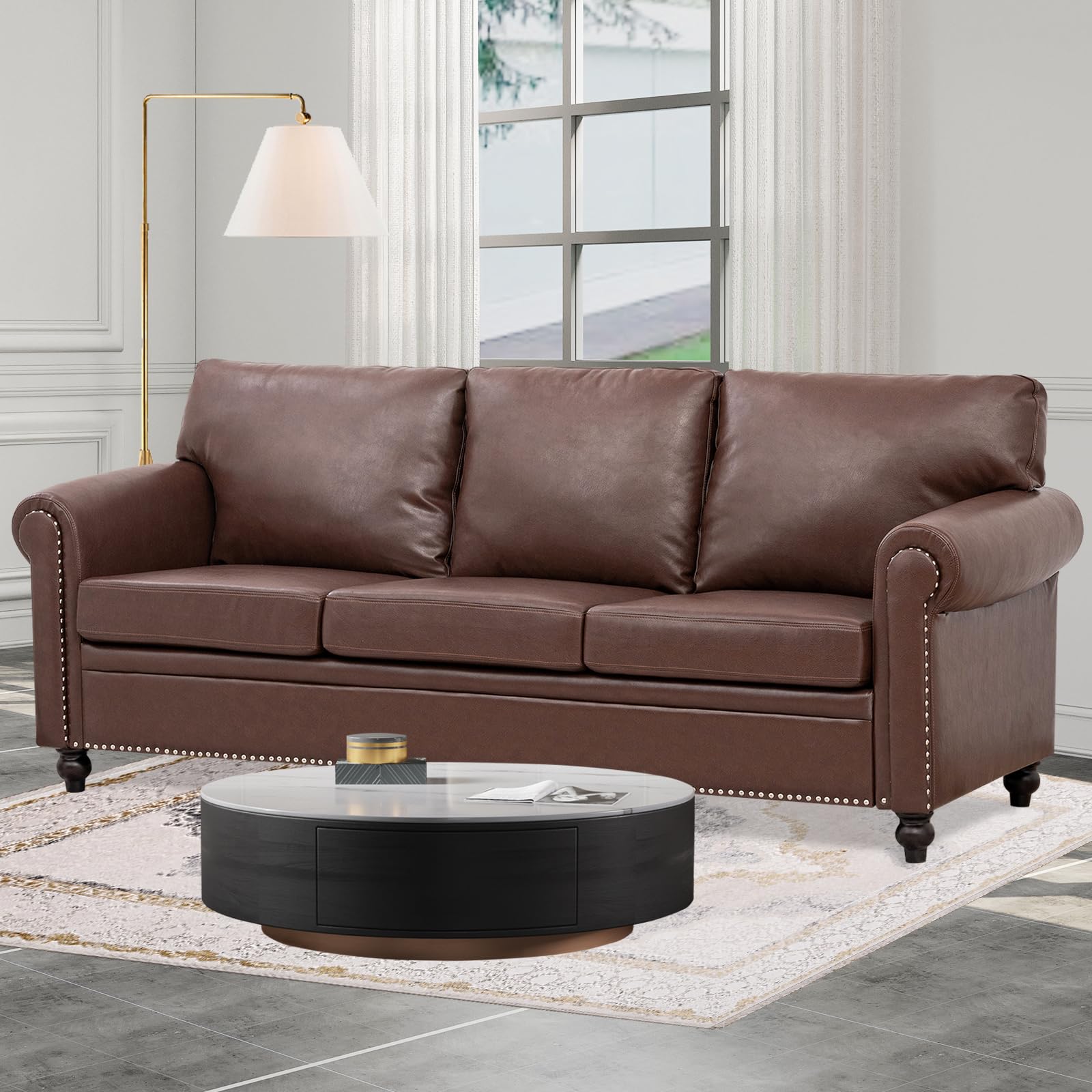 INOTEVERITORY Brown Leather Couch，Comfy Classic 3 Seater Living Room Sofa，Mid-Century Modern Sofa with Detachable Cushions 84" for Living Rooms, Bedrooms, Offices,Apartments Tool-Free Assembly