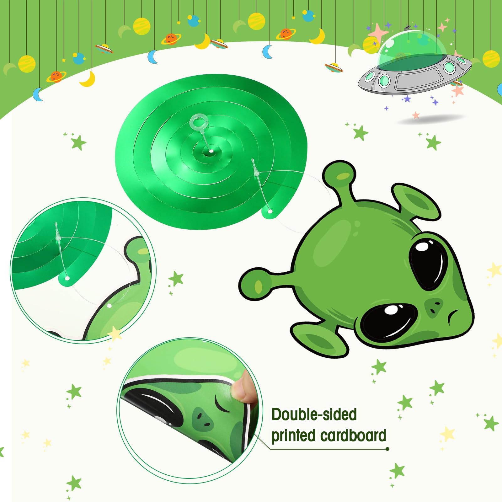 Capoda 54 Pcs Alien Decorations Hanging Swirls No DIY UFO Theme Party Ceiling Decorations Green Alien Outer Space Saucer Man Hanging Swirls Decorations for Boys Girls Birthday Baby Shower Decor