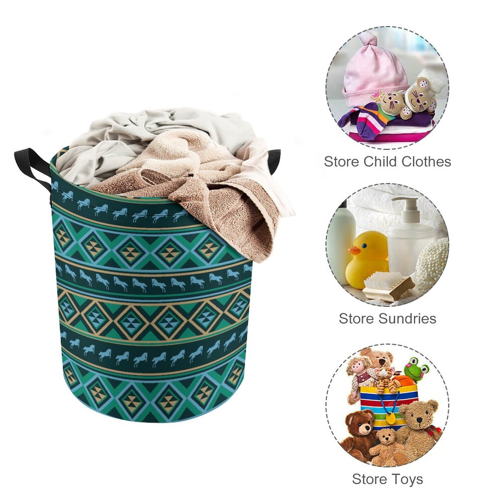 Large Laundry Basket, Teal Green Native American Tribal Ethnic Western Horse Collapsible Drawstring Laundry Hamper, Waterproof Storage Baskets with Handles for Household Bedroom, Bathroom, Dorm